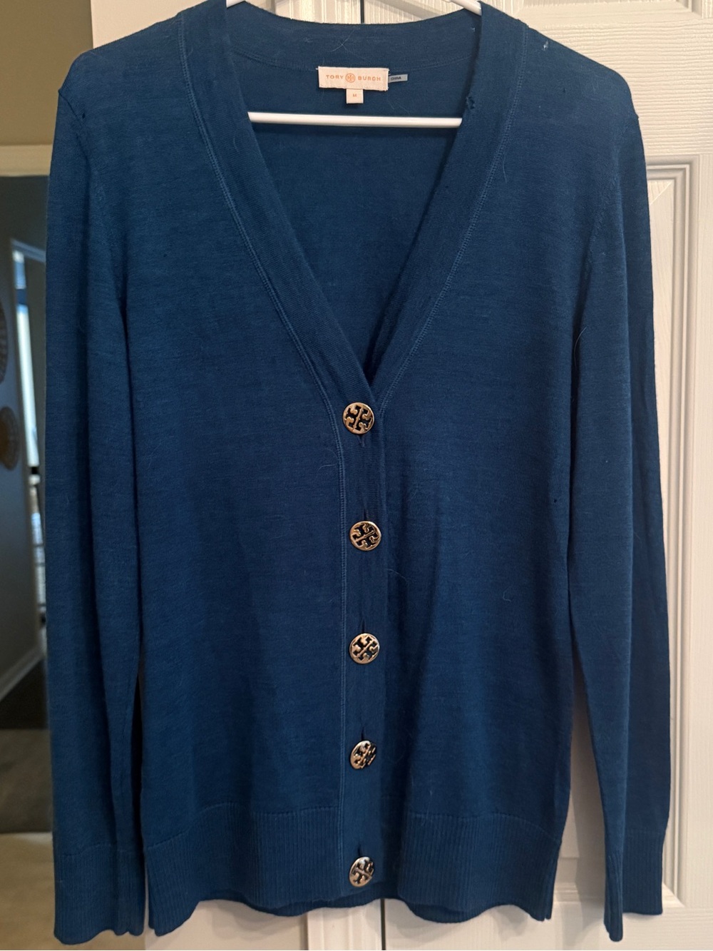 Tory Burch Teal Blue Button-Front V-Neck Cardigan